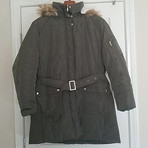 Army green puffer coat with detachable hood